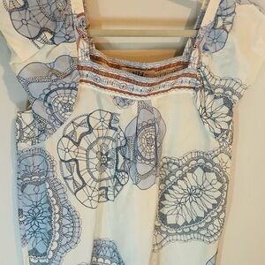 Tibi “teja print easy top” Blue and White Lace Detail Top Silk.